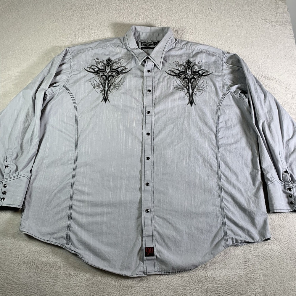 Panhandle Slim Shirt Mens 2XL Gray Long Sleeve Grunge‎ Y2K Cross Christian Logo
